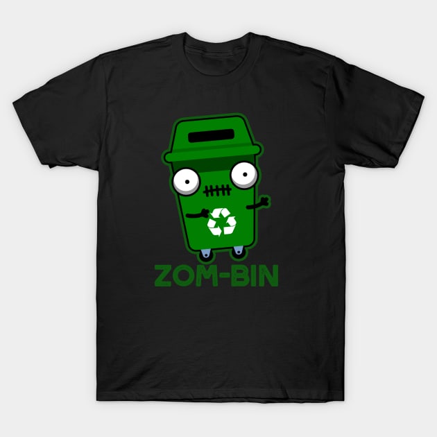 Zom-bin Cute Halloween Zombie Trash Bin Pun T-Shirt by punnybone